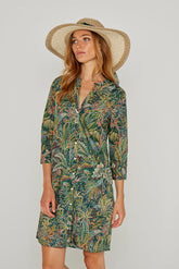 LAURALY – Liberty Dress with Mandarin Collar and 3/4 Sleeves – Straight Cut – Women – Palmeira 035C